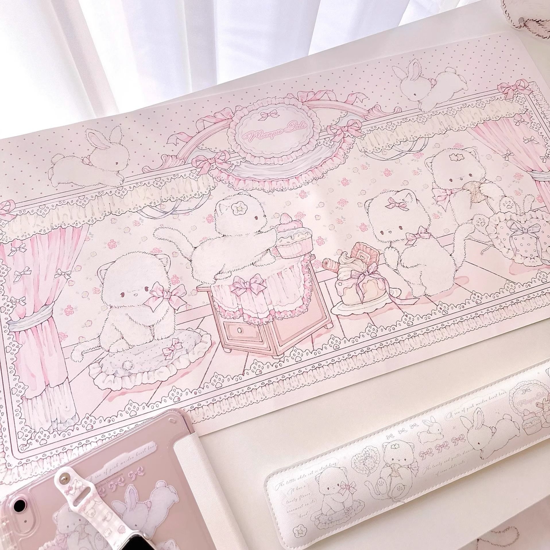 Pc Gaming Pink - Kawaii Pink Cat Polka Dots Leather